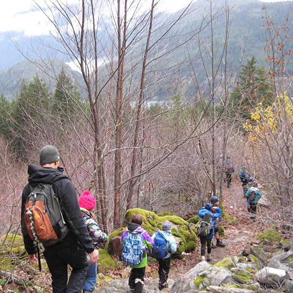 A group of students is walking through the woods with their teacher during an outdoor science activity